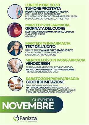 APPUNTAMENTI DI NOVEMBRE PRESSO LA FARMACIA E PARAFARMACIA FANIZZA