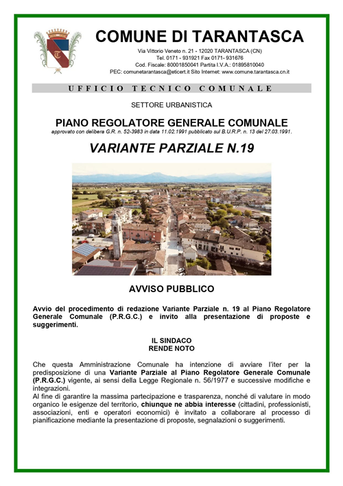 Avviso pubblico P.R.G.C. variante parziale n. 19